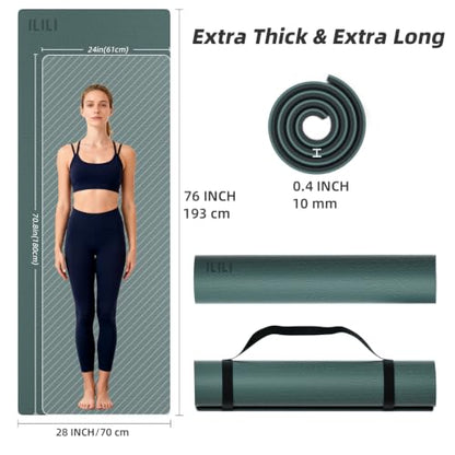 ILILI 10mm Extra Thick, TPE Yoga Mat, 76×28 Inch Extra Long, Carrying Strap - color: Dark Green+Dark Grey