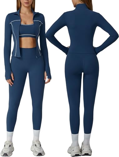 OMEWEE Womens workout sets Contrast Long Sleeve Jacket with Sports Bra and Butt-lifting Pants Yoga Outfits 3 Pieces Set - color: Dark Blue, size: Large