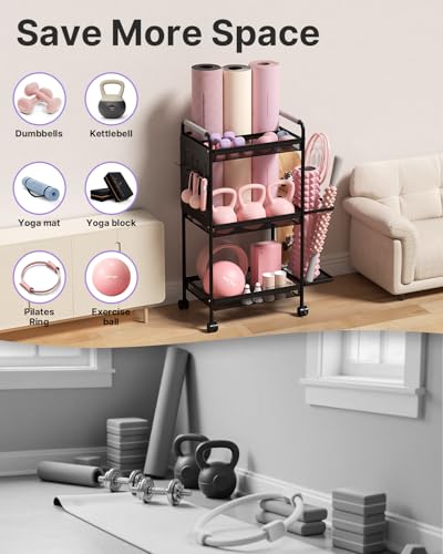 YOTTOY 3-Tier Gym Storage Rack for Home Gym–Multi-Functional Weight Rack, Dumbbell Rack, Yoga Mat Holder with Side Basket & 6 Hooks, Gym Equipment Organizer