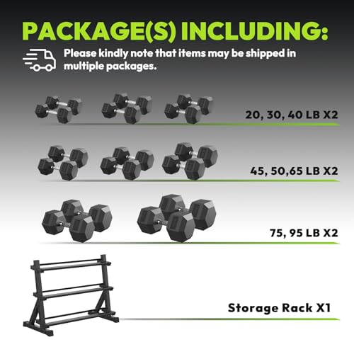 HANDBODE Hex Dumbbell Set with Rack, 300-840 lb Rubber Coated Fixed Weights Sets with Heavy Duty Storage Stand, Hexagon Shape, Multiple Weight Options Home Gym Equipment for Strength Training - style: 840 lb Set (20-95 lb) with Rack
