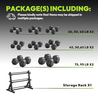HANDBODE Hex Dumbbell Set with Rack, 300-840 lb Rubber Coated Fixed Weights Sets with Heavy Duty Storage Stand, Hexagon Shape, Multiple Weight Options Home Gym Equipment for Strength Training - style: 840 lb Set (20-95 lb) with Rack