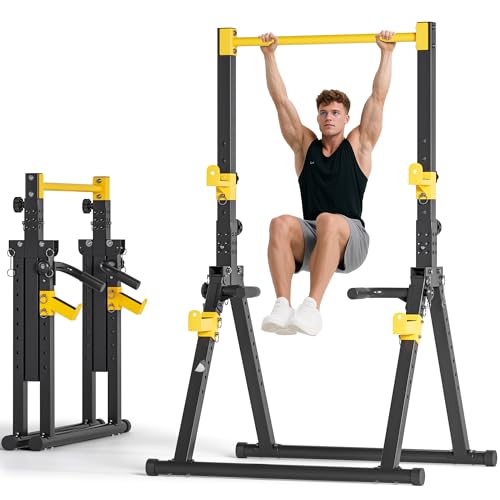 SogesPower Power Tower Pull Up Bar Station, Foldable Pull Up Dip Station Free Standing for Home Gym,Adjustable Pull Up Bar Stand Dip Bar Strength Training Workout Equipment,Triangular Design - color: Yellow