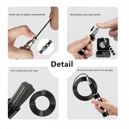 Retractable Jump Rope - No Tool Adjustable, Fits in Pocket, Tangle-Free Steel Cable for Travel & Gym
