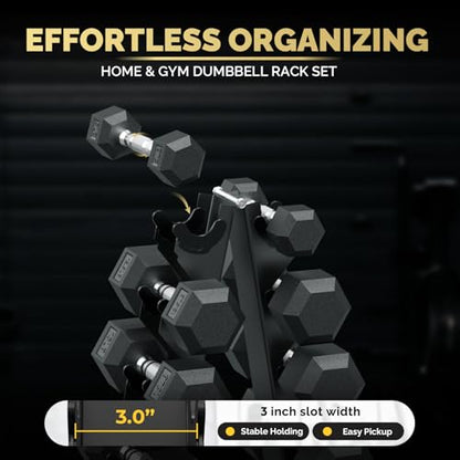 Hex Dumbbell Set with Rack (5lb-230lb), Rubber Encased Cast Iron Free Weights for Total Body Workouts, Easy Storage and Stable Dumbbell Sets for Home Garage Gym