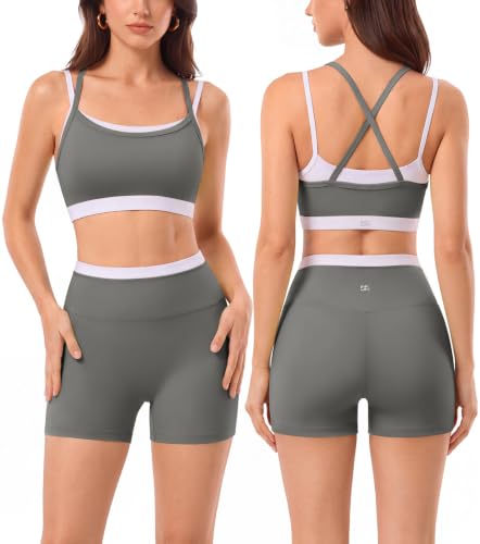 2 Pieces Workout Sets for Women,Seamless Athletic Short with Double Layer Sports Bra,Gym Matching Outfits - color: Gry003, size: Large