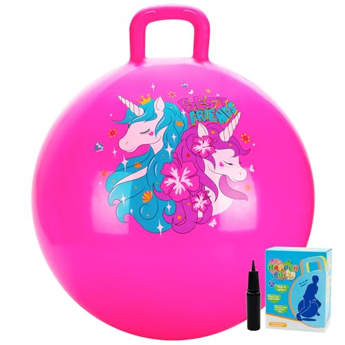 U&C Planet Hopper Ball 20 inches Bouncy Ball with Handle for Kids Age 5 6 7 8 9, Sit on Bounce Jumping Hopping Toy with Pump, Great Toddler Girls Toys for Birthday Gifts, Pink Unicorn - color: Pink Unicon, size: 20 in (Ages: 5-9)