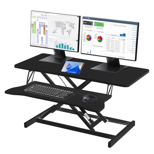 Adjustable Standing Desk Converter – 37" Wide, for Two Monitors with Keyboard Tray, Manual Gas Spring Sit Stand Desk Converter Lifts to 18.5", Black