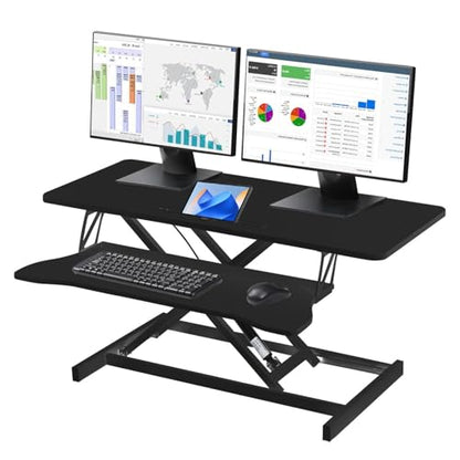 Adjustable Standing Desk Converter – 37" Wide, for Two Monitors with Keyboard Tray, Manual Gas Spring Sit Stand Desk Converter Lifts to 18.5", Black