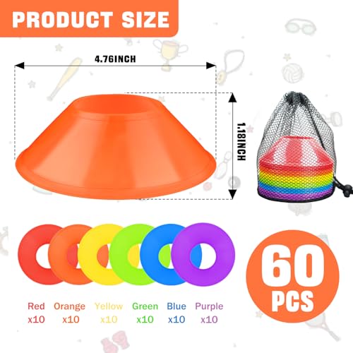 60 Pack Mini Soccer Cones–Mini Disc Cones for Agility Training,Soccer,Football,Sports Drills,Field Markers,Cones Sports Equipment,Portable Stackable Mini Cones with Carry Bag