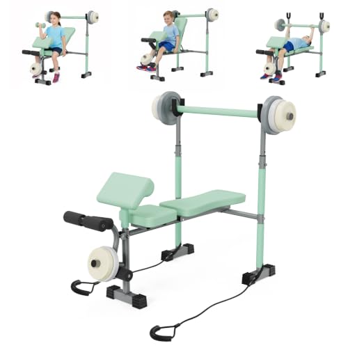 Kids Workout Equipment, Adjustable Kids Workout Bench with Preacher Pad & Leg Developer, Fillable Weight Plates for Home Gym Fitness & Exercise