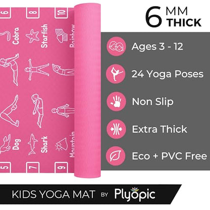 Plyopic Kids Yoga Mat - Non-Slip Lightweight TPE Exercise Mat - Ideal for Boys & Girls (Ages 3-12), Toddlers & Children in Kindergarten, Preschool, School. PVC Free. 6mm Thick. Carry Strap