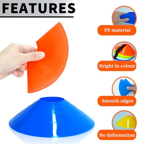 Pro Disc Cones (Set of 50) | Drawstring Bag & Strap, for Soccer, Basketball, Football, Agility & Sports Drills Training