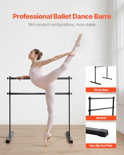 VEVOR Ballet Barre, 4 Ft Double Barre Bar for Home, Freestanding Portable Ballet Stretching Dance Bars, Height Adjustable Anti-Wobble Fitness Studio Equipment, for Pilates Balance Workout