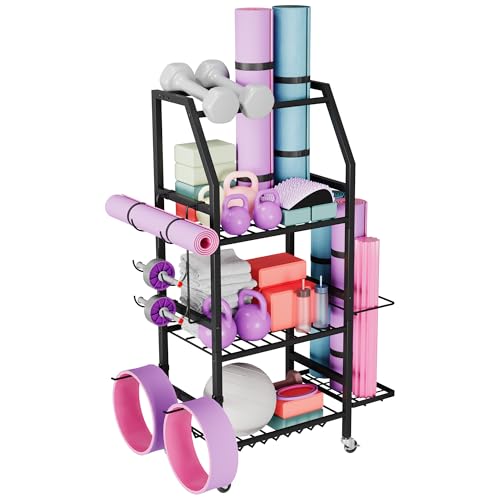 Homeiju Dumbbell Rack, Weight Rack for Home Gym, Yoga Mat Storage Holder with Lockable Wheels, Dumbbell Stand with Hooks, All in One Work out Equipment Storage for Yoga Mat Dumbbell and Balls - size: 4-Tier