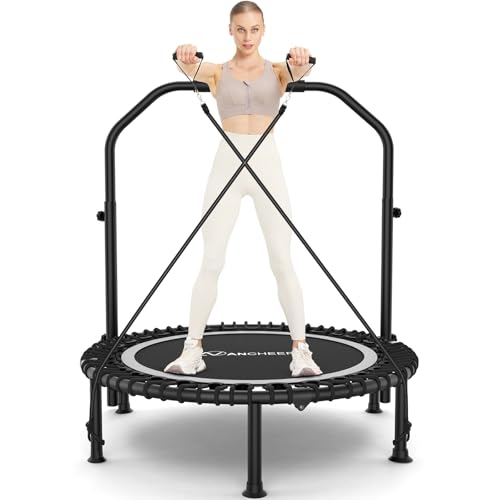 ANCHEER 40"/48" Foldable Mini Trampoline,Max Load 450lbs/550lbs Indoor Trampoline,with 4 Level Adjustable Foam Handle and Resistance Bands,Adult Exercise Trampoline for Home, Garden, and Gym - color: Silver, size: 40 inch