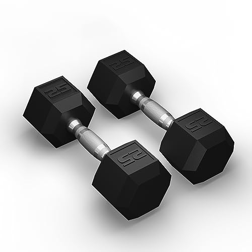 GRETERST Hex Dumbbells Set Rubber Coated Hand Weights Exercise & Fitness for Home Gym Workouts Weight Strength Training, Set of 2, Black, 25LB