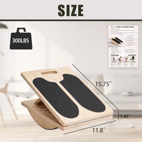 Wooden Slant Board for Calf Stretching and Achilles Stretch, 2-in-1 Adjustable Calf Stretch Board & Balance Board for Ankle Mobility, Physical Therapy and Stability Training