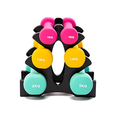 PRISP Dumbbells Set with Rack - 3 Pairs of Neoprene Free Weights with Stand