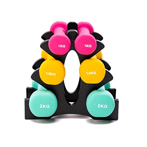 PRISP Dumbbells Set with Rack - 3 Pairs of Neoprene Free Weights with Stand