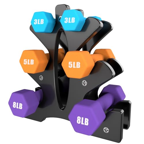Portzon Weights Dumbbells Set 3, 5, 8, and 10 Pound Neoprene Dumbbell Free Hand Weight Set with Rack, Ideal for Home Exercises, 32 LB, Anti-Slip, Anti-roll, Hex Shape