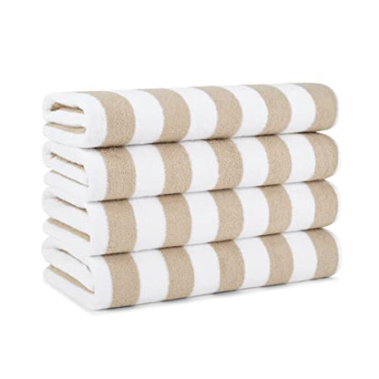 Arkwright California Cabana Stripe Beach Towel - Pack of 4, Large Soft Quick Dry 100% Cotton Terry Towels Set for Pool, Swim, and Hot Tub, Oversized 30 x 70 in, Beige
