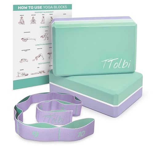 Yoga Blocks 2 Pack with Strap & Guide – Non-Slip EVA Foam Pilates Blocks for Home Workouts, Dance, Ballet, Gymnastics & Stretching Exercise | Ideal Dancer Gifts - color: Mint/Purple & Stretch Band Purple