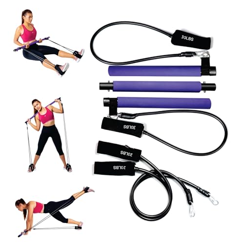 Pilates Bar Kit with Resistance Bands (Up to 100lbs) - Portable Home Gym Equipment for Squats, Yoga, and Full Body Toning - 3-Section Steel Bar + Fabric Booty Band