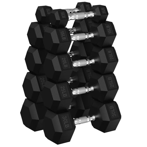 HANDBODE Rubber Coated Hex Dumbbell Set, 90-640 lb - size: 190 lb set (pair of 5, 15, 20, 25, 30)