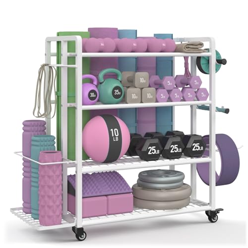 4-Tier Weight Rack for Home Gym with Wheels and Hooks - size: Large White