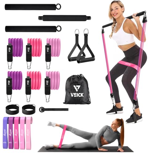 VEICK Pilates Bar Kit with Resistance Bands, Elastic Workout Bands for Men Women, Set of 5 Resistance Loop Bands for Home Fitness Stretching Strength Training