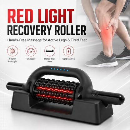 630nm Red Light Electric Rolling Massager with Hands-Free Base, 6-Speed Cordless Muscle Roller for Legs, Feet, Calves, Thighs & Back, Wide Massage Roller Stick for Post Workout Recovery (Black)
