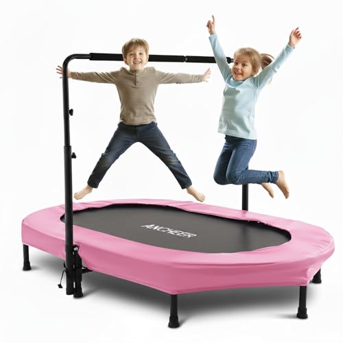 ANCHEER Trampoline for Kids, Toddler Trampoline Indoor Sports and Outdoor Games 56" Kids Rebounder 220LBS Capacity with Adjustable Safety Handrail Foldable Jumper for Boys and Girls - color: Pink