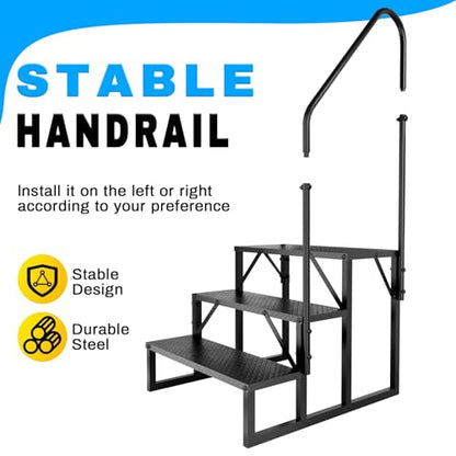 3 Step RV Stairs with Handrail, 660LBS Heavy Duty Anti-Slip Metal Steps, Detachable Outdoor Stairs for Hot Tub/5th Wheel/Pool/Mobile Home - style: 3 Step 1 Handrail