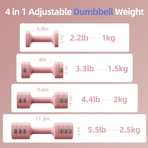 Lightweight Adjustable Dumbbell Kettlebell Set - 4 in 1 Free Weight Set with Kettlebell Grip Converter, Each 2.2 3.3 4.4 5.5lb Quick Change Weight Women Dumbbell Set for Small Spaces Home Gym - color: Dumbbell Pink