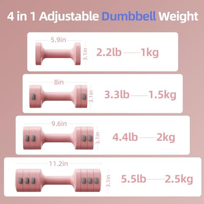 Lightweight Adjustable Dumbbell Kettlebell Set - 4 in 1 Free Weight Set with Kettlebell Grip Converter, Each 2.2 3.3 4.4 5.5lb Quick Change Weight Women Dumbbell Set for Small Spaces Home Gym - color: Dumbbell Pink