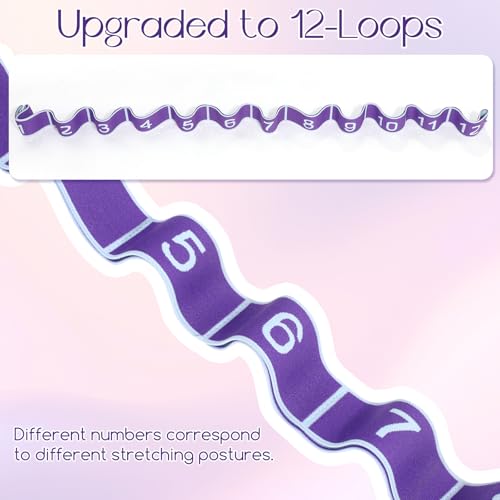 4 Pcs 12 Loops Stretch Bands for Yoga, Pilates, Physical Therapy - Elastic Strap for Flexibility, Leg Exercise, Dance Fitness Equipment (2 Purple, 2 Pink)