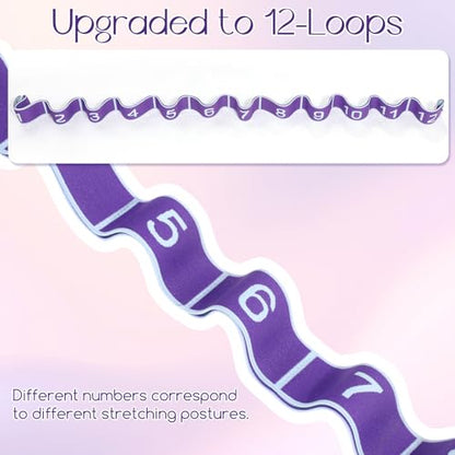 4 Pcs 12 Loops Stretch Bands for Yoga, Pilates, Physical Therapy - Elastic Strap for Flexibility, Leg Exercise, Dance Fitness Equipment (2 Purple, 2 Pink)