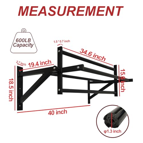 Wall Mounted Pull Up Bar and Dip Station, Heavy Duty Wall Mount Pull-up Chin Up Bar Multifunctional Home Gym Workout Indoor Exercise Equipment Support to 440 Lbs