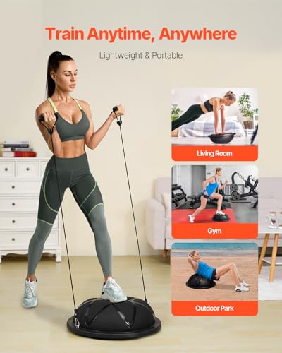 VEVOR Half Exercise Ball Trainer, 23/26 inch Balance Ball Trainer, 1500lbs Capacity Stability Ball, Yoga Ball with Resistance Bands & Foot Pump, Strength Fitness Ball for Home Gym Full Body Workout - color: 23" Particle Black
