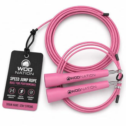 WOD Nation Adjustable Speed Jump Rope For Men, Women & Children - Blazing Fast Fitness Skipping Rope Perfect for Boxing, MMA, Endurance - color: Pink