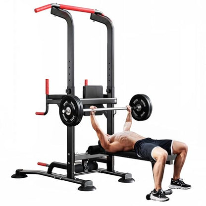 soges Pull Up Bar Dip Station, Power Tower with Folding Dumbbell Bench & Backrest, Adjustable Height Pull Up Bar Stand, Multi-Function Home Gym Strength Training Fitness Equipment 330LBS