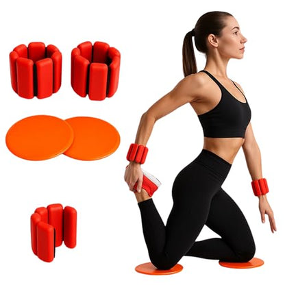 Wrist and Ankle Weights Set with Core Sliders, Adjustable 1lb Each, Sweatproof Design, Portable for Yoga, Pilates, Strength Training, and Home Workouts