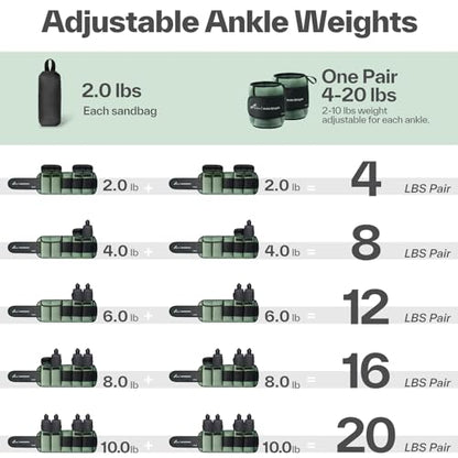 Sportneer 20lbs/Pair Adjustable Ankle Weights for Women & Men - color: Olive