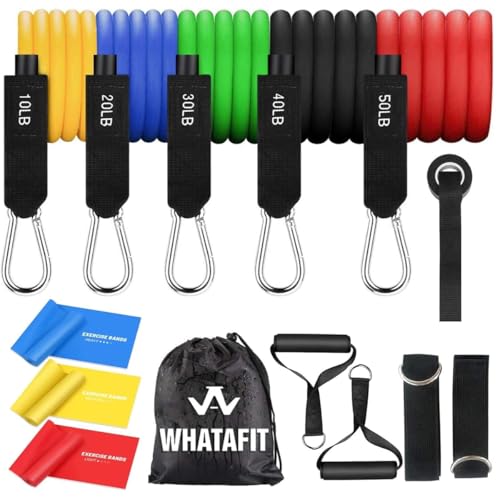 WHATAFIT Resistance Bands, Exercise Bands, Workout Bands with Handles, Door Anchor and Ankle Straps, 5 Resistance Levels Fitness Bands for Strength Training, Physical Therapy, and Home Gym Equipment - color: Chromatic
