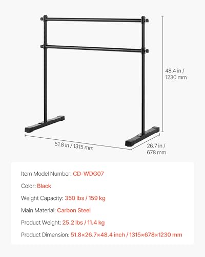 VEVOR Ballet Barre, 4 Ft Double Barre Bar for Home, Freestanding Portable Ballet Stretching Dance Bars, Height Adjustable Anti-Wobble Fitness Studio Equipment, for Pilates Balance Workout