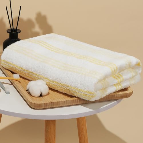 Vie Triomphe Classic Striped Cotton Bath Towel, 27.5x55 Inch Zero Twist Quick Dry Bathroom Towel, Lightweight Absorbent Yellow Stripe Pattern, Hotel Quality Decorative Towel for Gym Beach Travel - color: Yellow