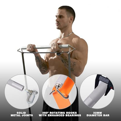 Aluminum Resistance Band Bar, 3-Section Detachable Heavy Duty Workout Bar for Resistance Band Exercises, Strength Training, and Home Gym (Metal Bar-Enlarged Hooks)