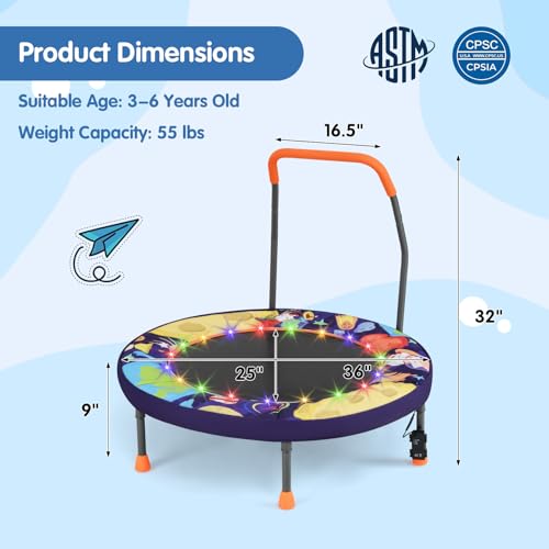 Goplus Foldable Toddler Trampoline for Kids, 36'' Recreational Mini Trampoline w/20 LED Lights, Foam Handle, Padded Safety Cover, Indoor Outdoor Exercise Rebounder for Boys Girls Aged 3-6 - style: Purple-Outer Space