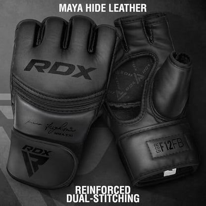 RDX MMA Gloves Grappling Sparring, Maya Hide Leather, Boxing Gloves Men Women Muay Thai Martial Arts Training, Half Finger Adjustable Mitts Wrist Support Kickboxing Cage Fighting Punching Bag Workout