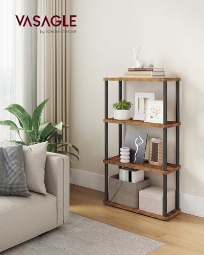 VASAGLE 4-Tier Shelf, Storage Shelves, Bookcase with Shelves, Living Room - color: Rustic Brown + Ink Black, size: 4 Tiers (23.6"W)